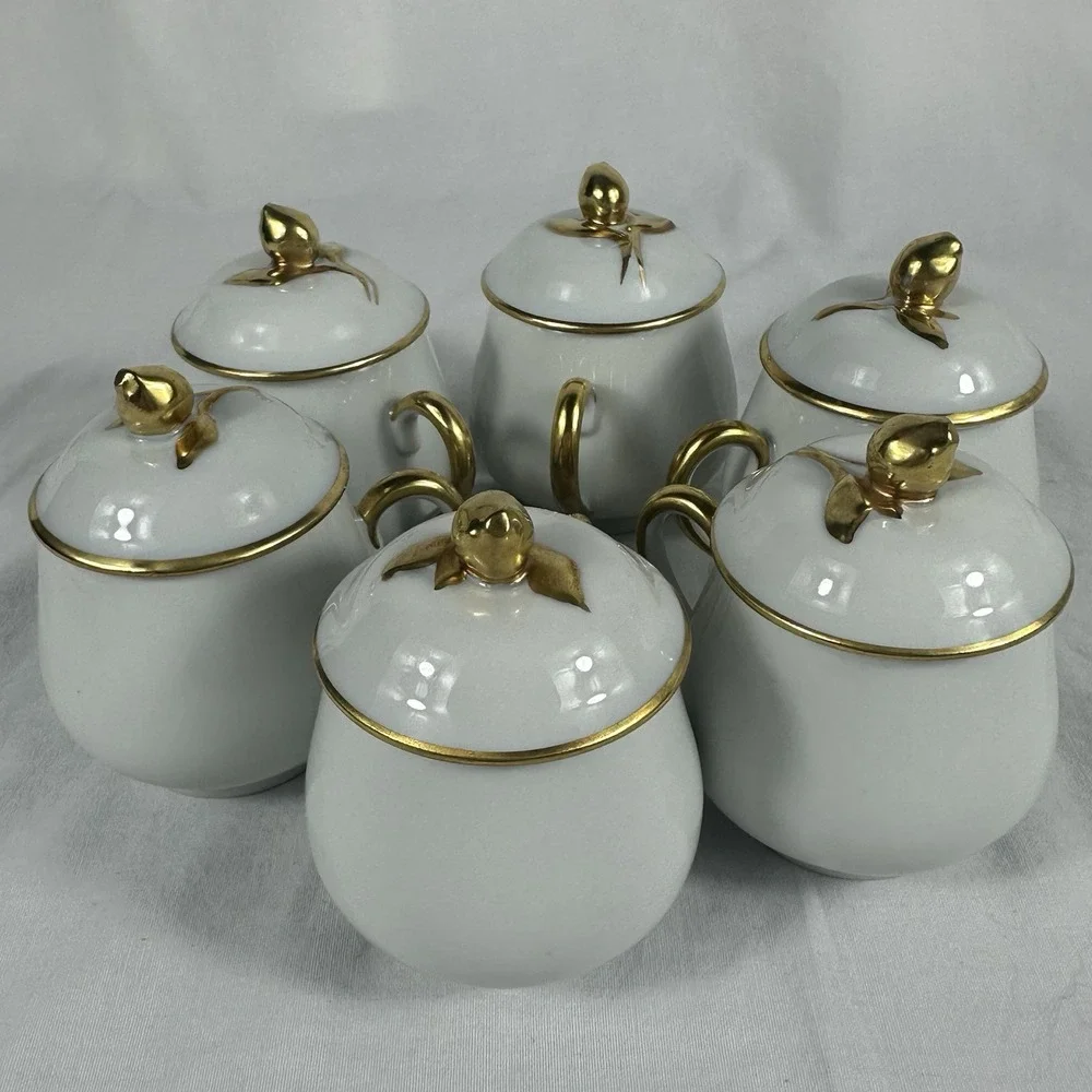 6 Antique Limoges Pot de Crème France Coiffe Porcelain White‎ And Gold